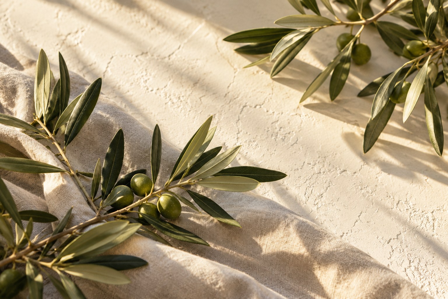 Delicate olive branches and their soft shadows on warm ivory plaster and natural linen