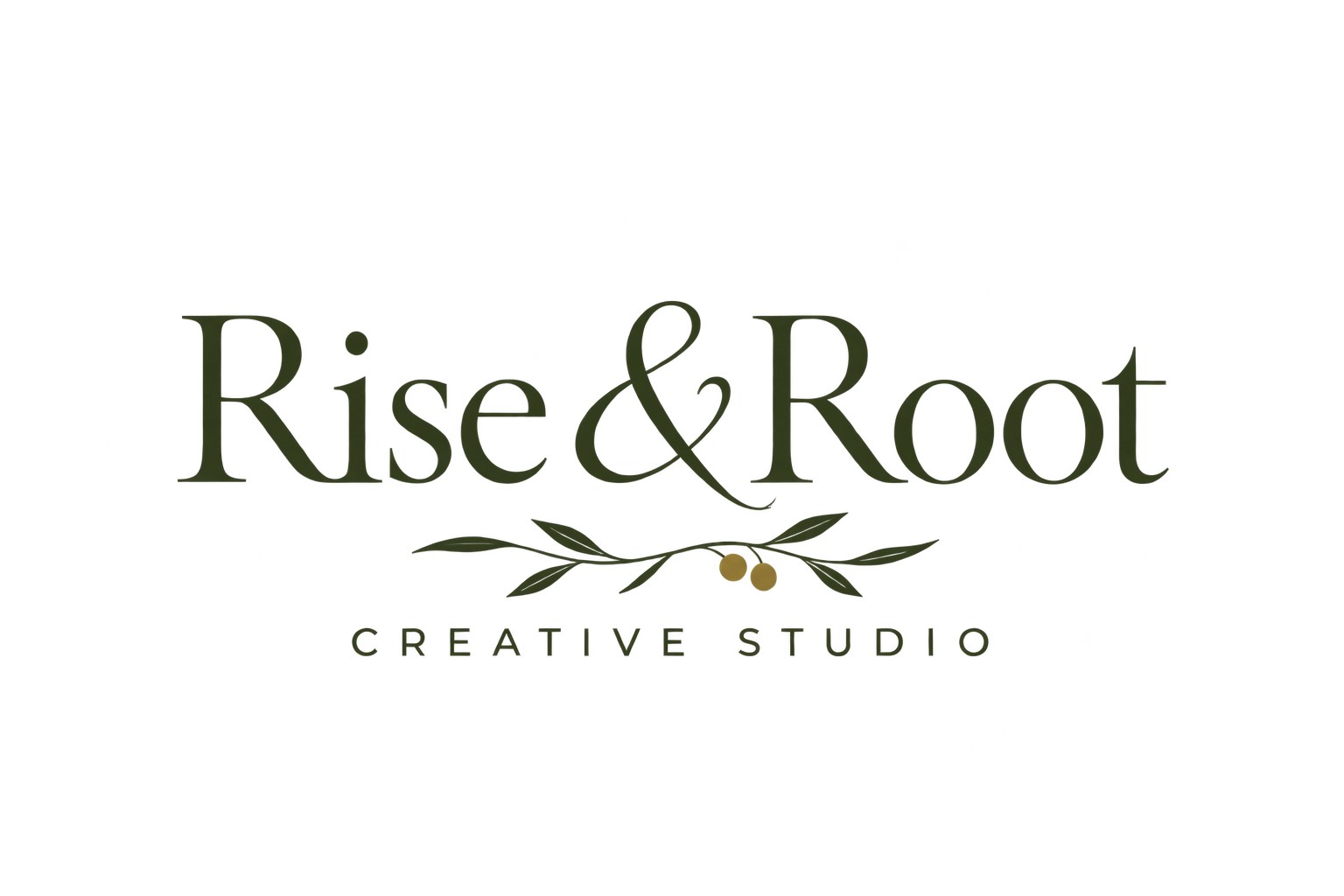 Rise & Root — Creative Studio, with an olive branch beneath the name