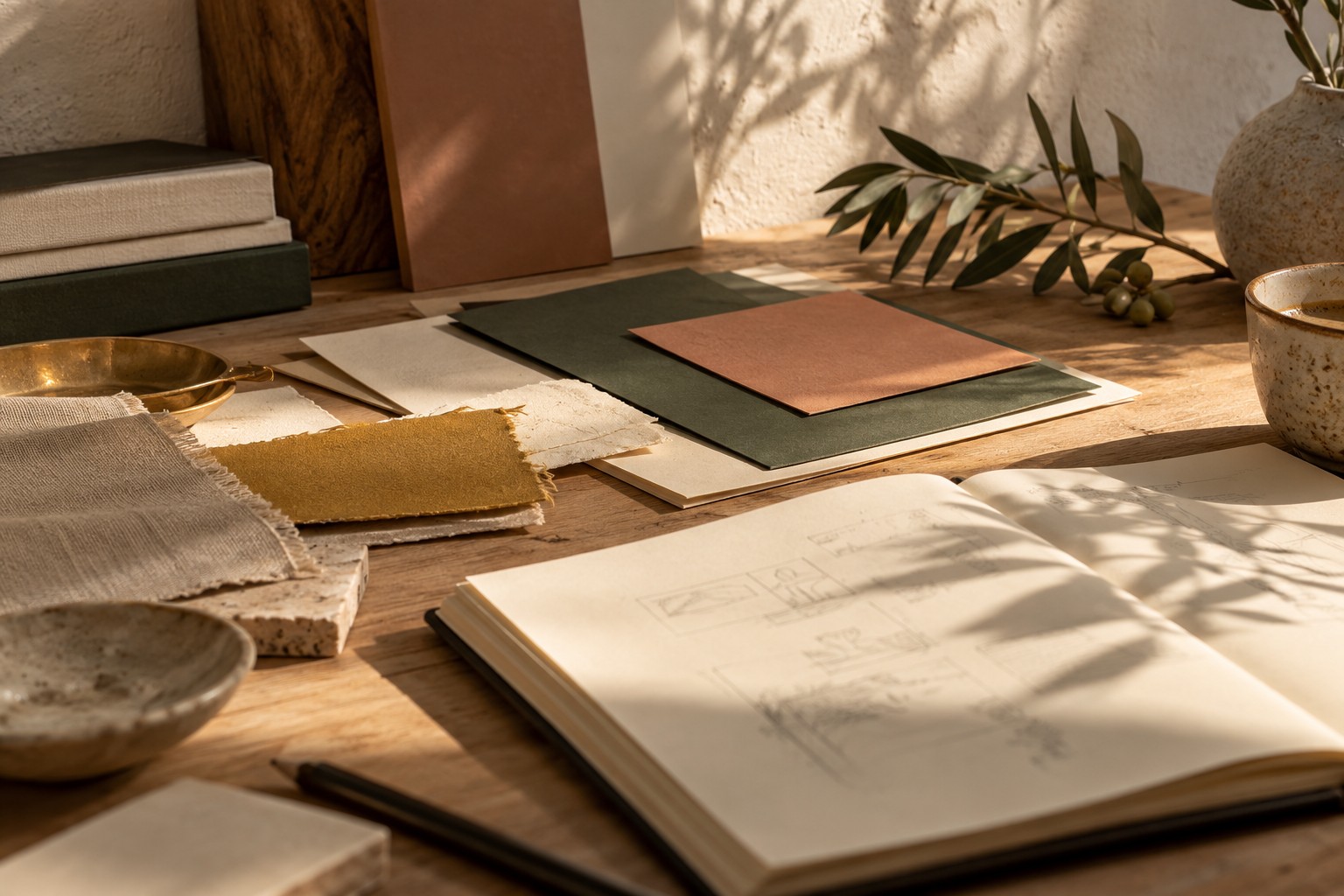 Sunlit creative desk with textured stationery, colour swatches and an open sketchbook